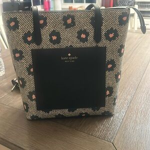 Kate Spade Zip Shoulder Tote Bag Pocket Herringbone Floral Peacock Sapphire